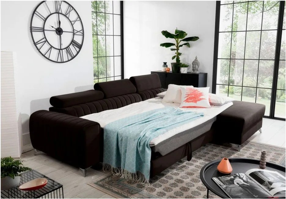 Colțar maro închis extensibil/cu spațiu de depozitare cu tapițerie din catifea (cu colț pe partea dreaptă/cu șezlong) Grayson – ELTAP