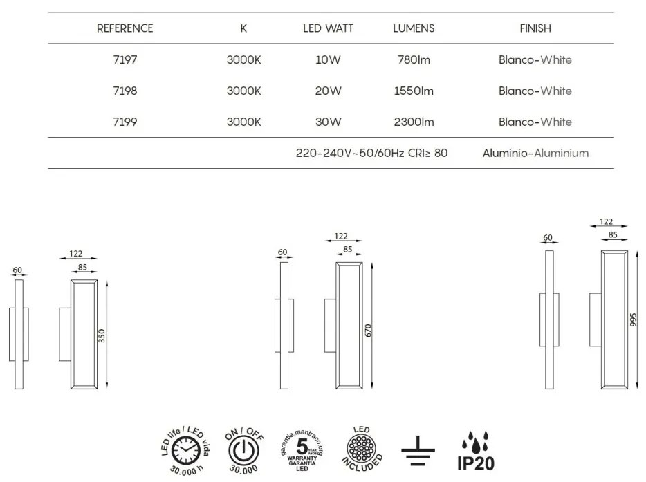 Aplica LED de perete iluminat ambiental DURBAN 30W alba