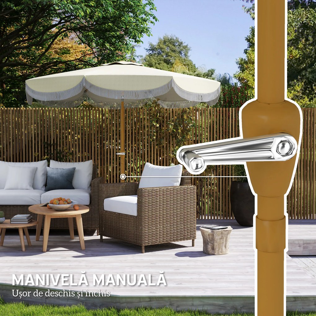 Outsunny Umbrelă Boho de Ø2.7 m pentru Exterior cu Protecție UV30+, Manivelă Manuală și Acoperiș Dublu cu Franjuri Bej | Aosom Romania