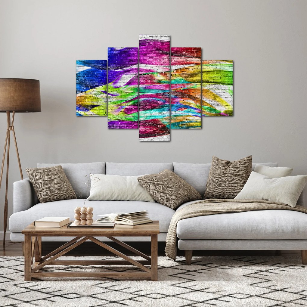 Tablou - Zid de cărămidă cu flăcări colorate (150x105 cm)