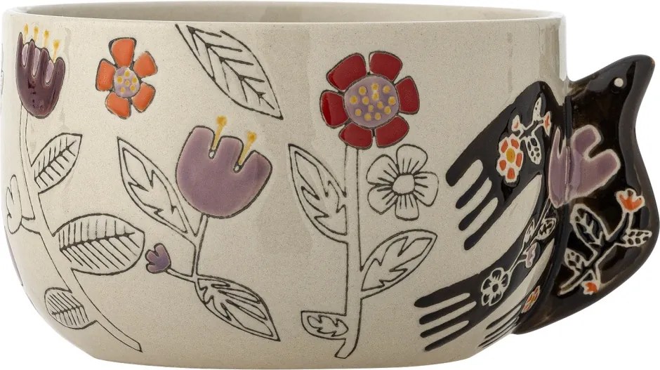 Set 4 boluri din ceramică artizanală, natur, pictate manual cu motive florale și pasăre, 13x8 cm, „Vivielle"