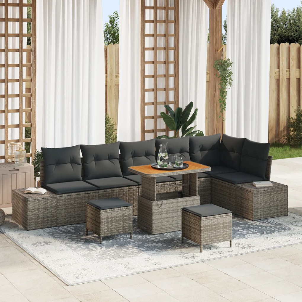 Set Canapea Grădină vidaXL din 9 Piese cu Perne Gri Ratan Polimer Acacia