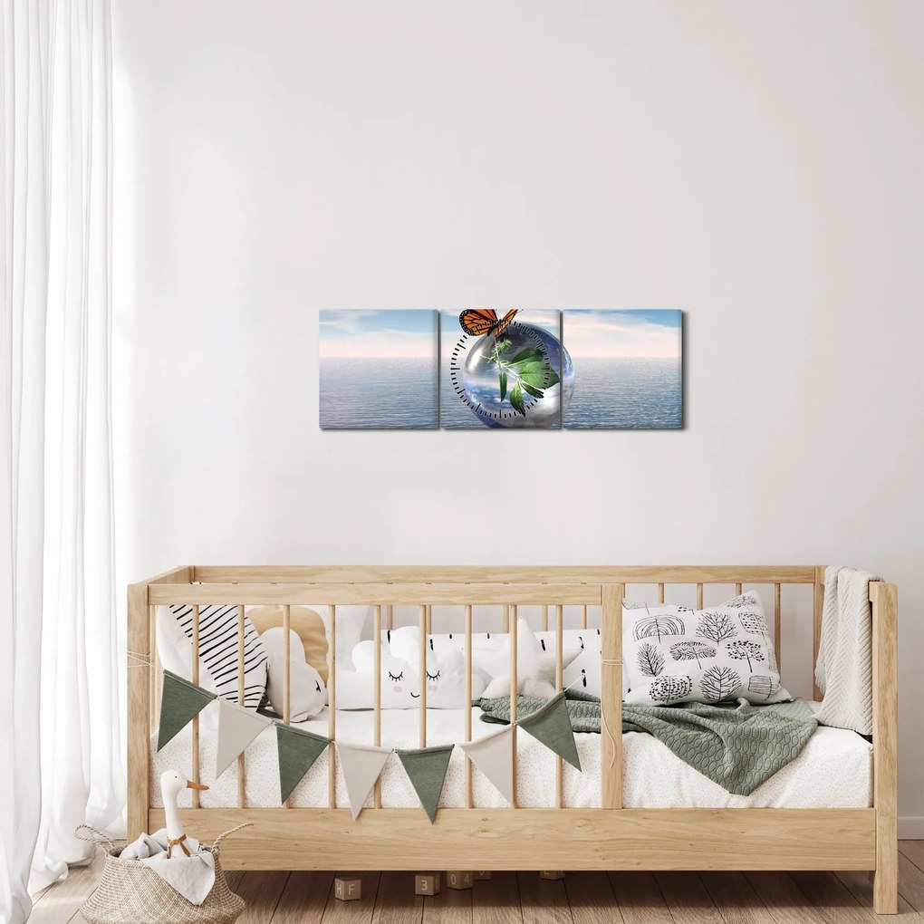 Tablou cu fluture pe bilă din sticlă (cu ceas) (90x30 cm)