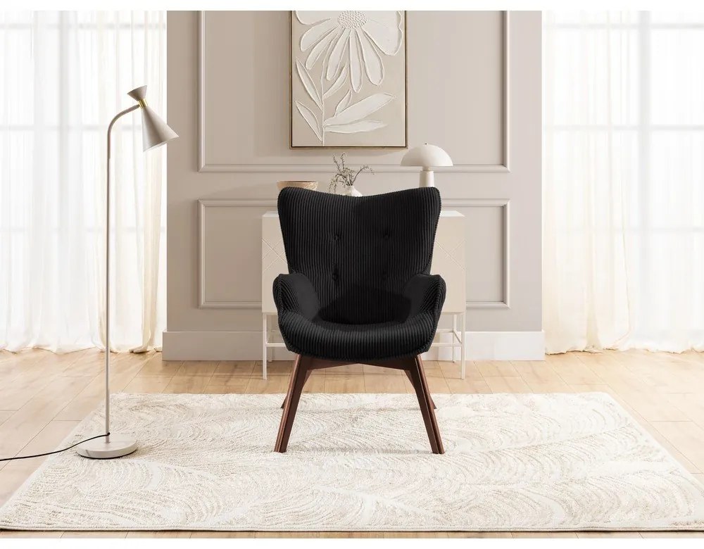 Fotoliu negru cu tapițerie din catifea reiată Niko – Ropez
