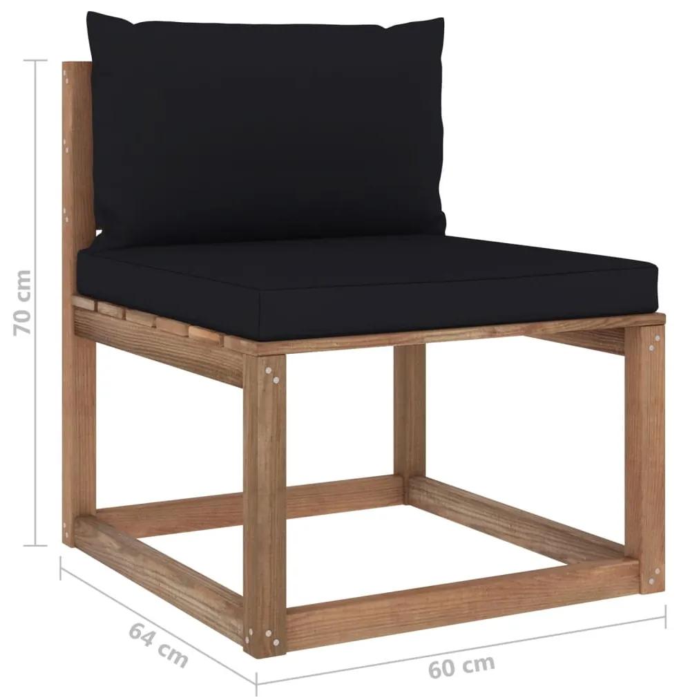 Set mobilier gradina paleti, cu perne, 5 piese, lemn pin tratat Negru, Colt + 2x mijloc + 2x suport pentru picioare, 1