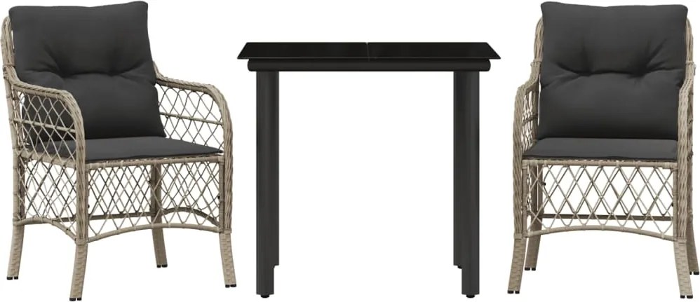 vidaXL Set bistro cu perne, 3 piese, gri deschis, poliratan