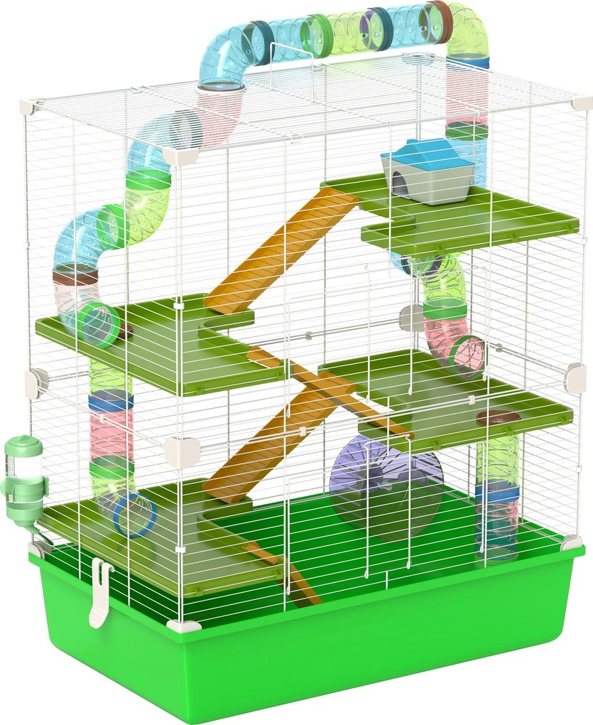 PawHut Cuștă pentru Hamsteri cu 5 Nivele, Tuburi, Căsuță, Rezervor de Apă și Roată, 59x36x69 cm, Verde | Aosom Romania