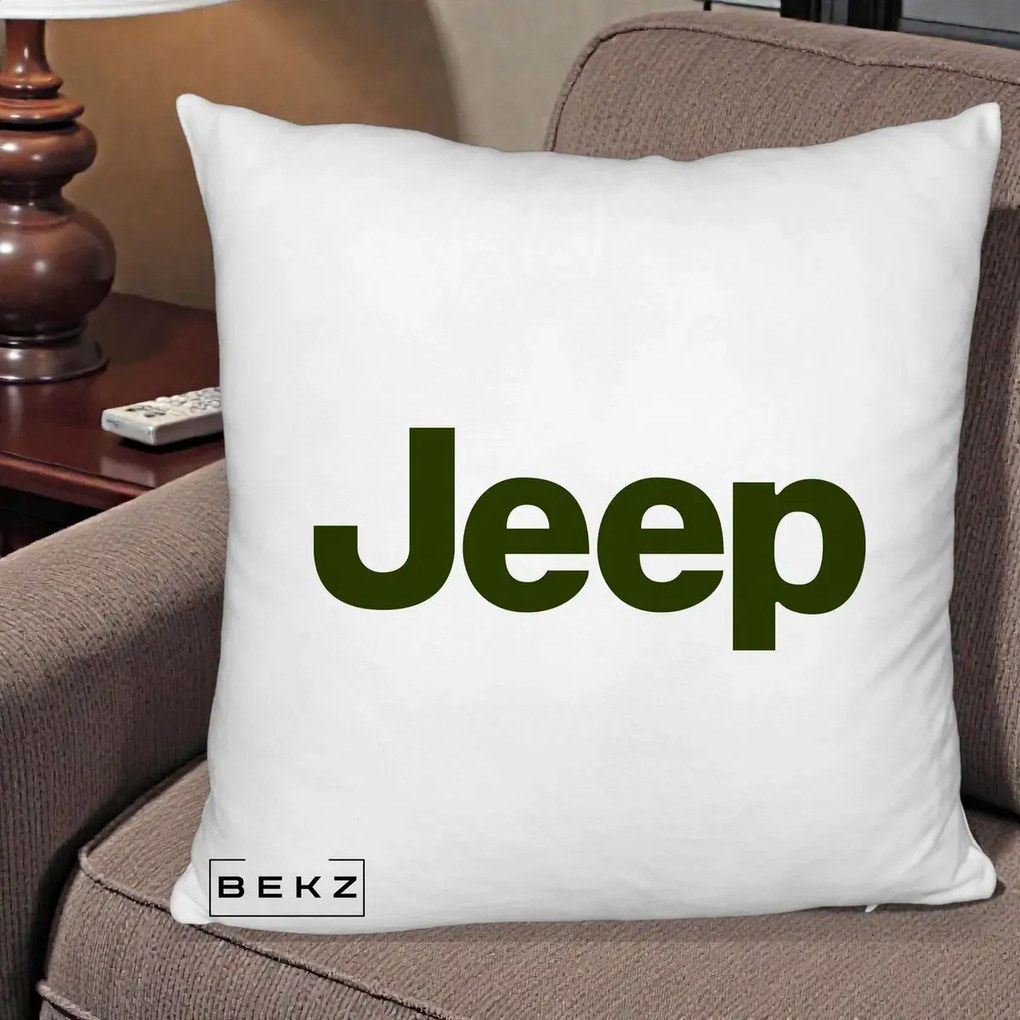Perna Personalizata cu emblema Jeep, 40x40 cm, Alb Pufos, Husa Detasabila, Perna Inclusa, BEKZ®