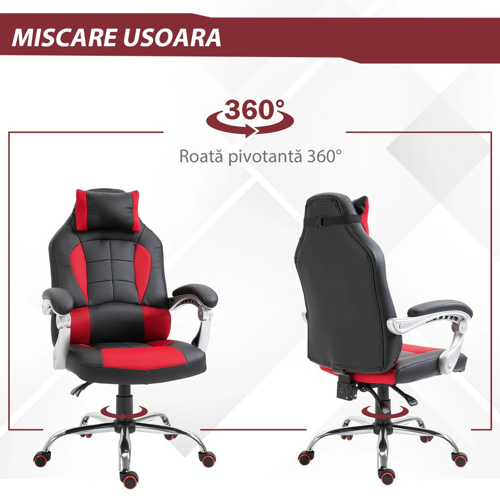 HOMCOM Scaun Gaming Ergonomic cu Inclinare Suport Lombar Tetieră Piele Ecologică Roșu Negru | Aosom Romania