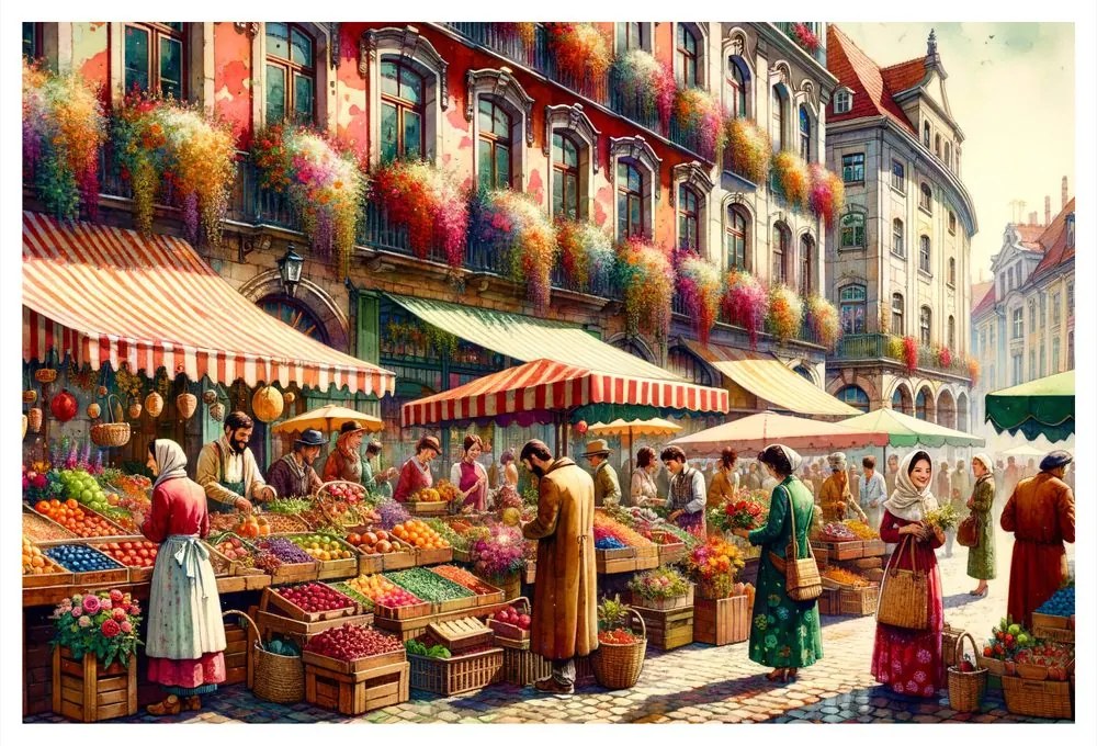 Tablou piață urbană cu fructe