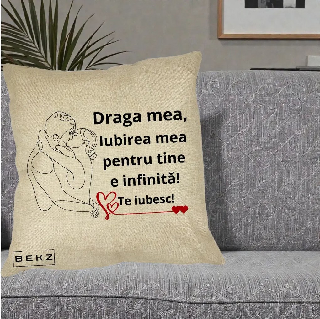 Cadou pentru Iubita - Perna Personalizata Draga Mea Iubirea Mea pentru Tine e Infinita Te Iubesc, 40x40 cm, Crem, Husa Detasabila, Perna Inclusa, BEKZ®