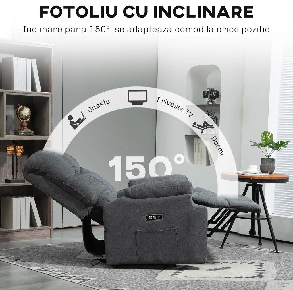 HOMCOM Fotoliu Electric Rabatabil, din Catifea cu Telecomandă, Suport pentru Picioare și Buzunare, 84x96x100 cm, Gri | Aosom Romania