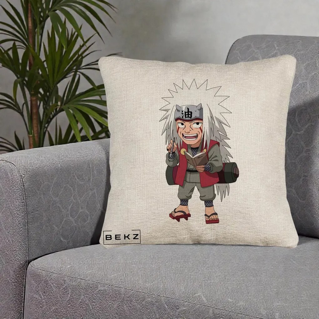 Perna Personalizata Naruto Jiraiya Sensei Chibi, 40x40 cm, Bej Canapea, Husa Detasabila, Perna Inclusa, BEKZ®