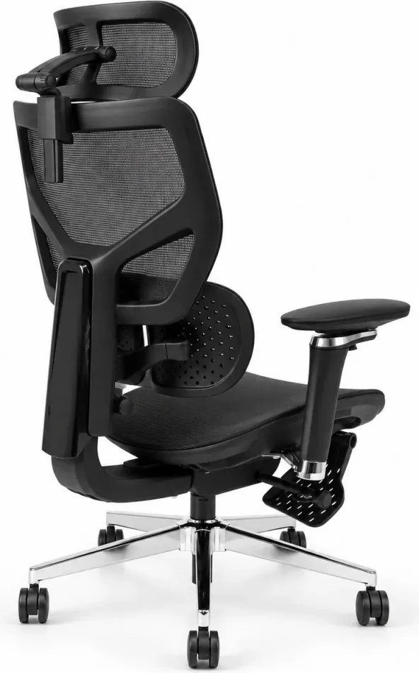 Scaun ergonomic ANEW ARYSE D6, Suport lombar dublu adaptiv 360°, Cotiere 5D, Tetieră 3D, Șezut mesh, Mecanism sensibil la greutate, Bază cromată, Suport pentru picioare, Negru