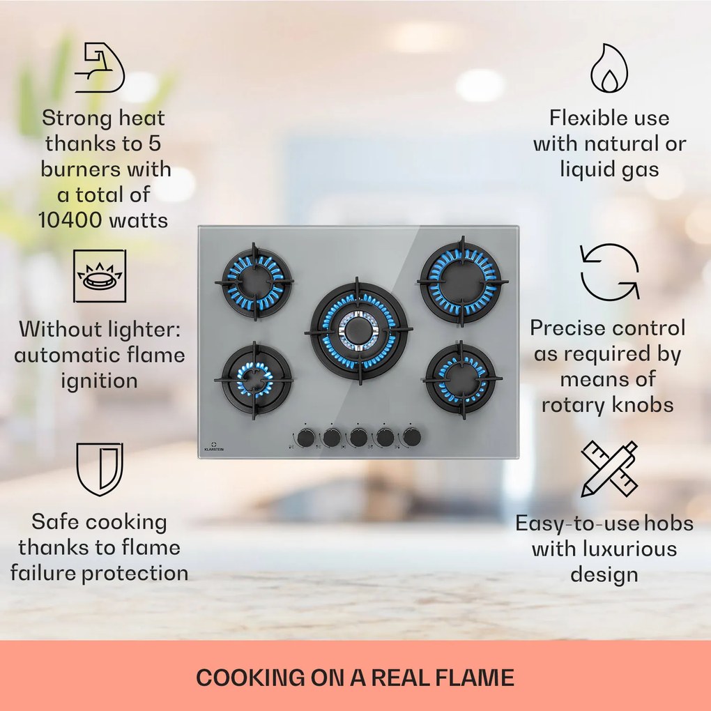 Firetale, plită cu gaz, 5 arzătoare, 70 cm, arzătoare din aluminiu, inclusiv furtun și reductor de presiune