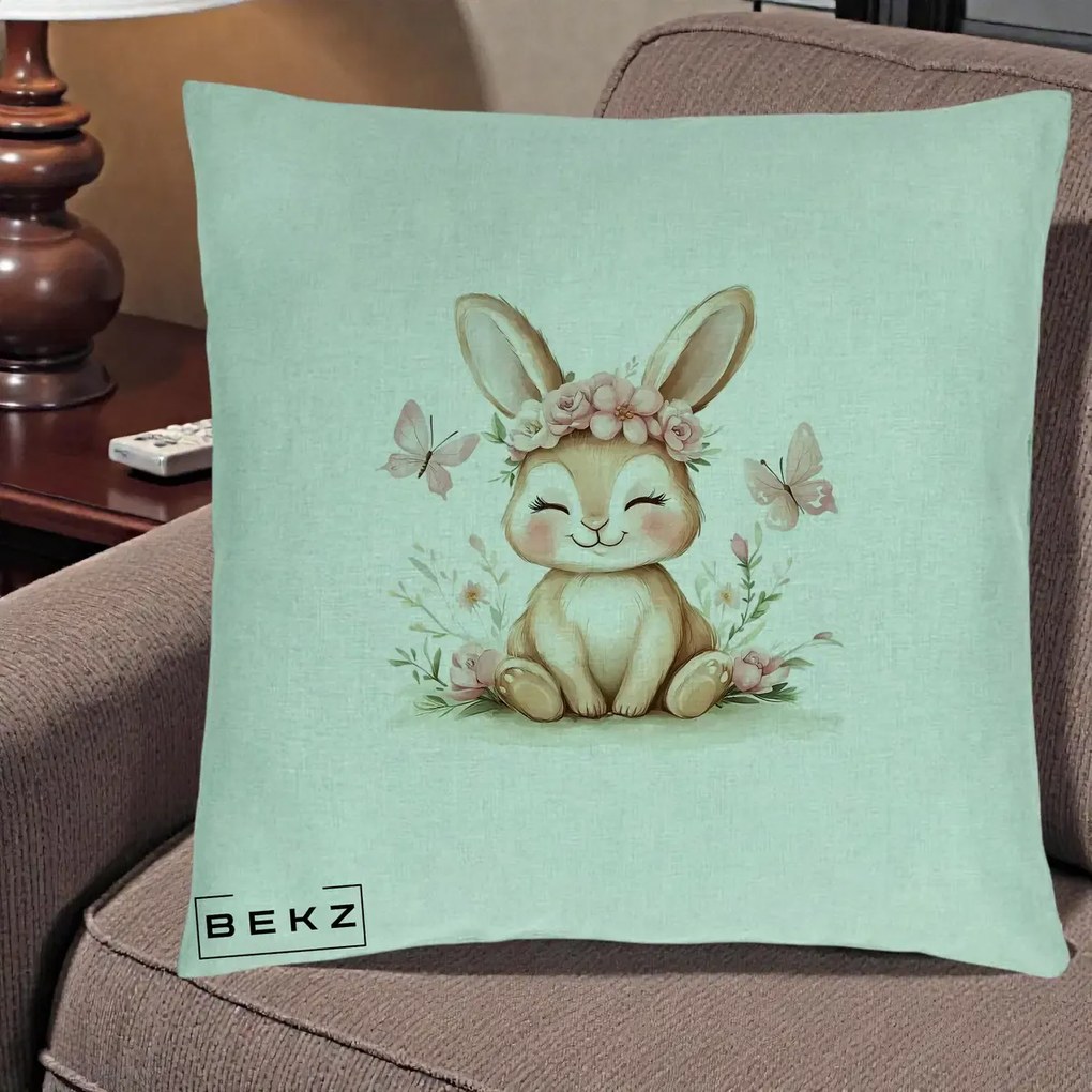 Perna Decorativa Iepuras cu Coronita Florala Roz, 40x40 cm, Verde Menta, Husa Detasabila, Perna Inclusa, BEKZ®
