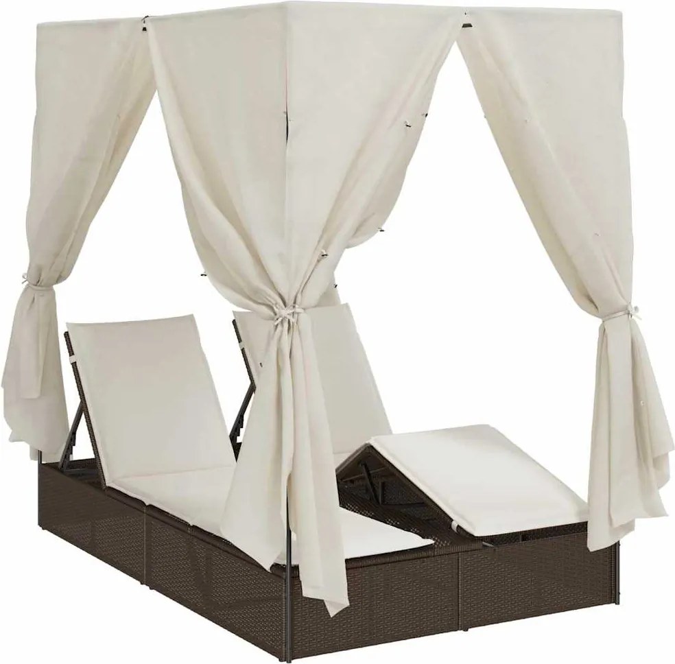 vidaXL Șezlong dublu cu perdele Alb cald 205 x 129 x 200 cm poliratan