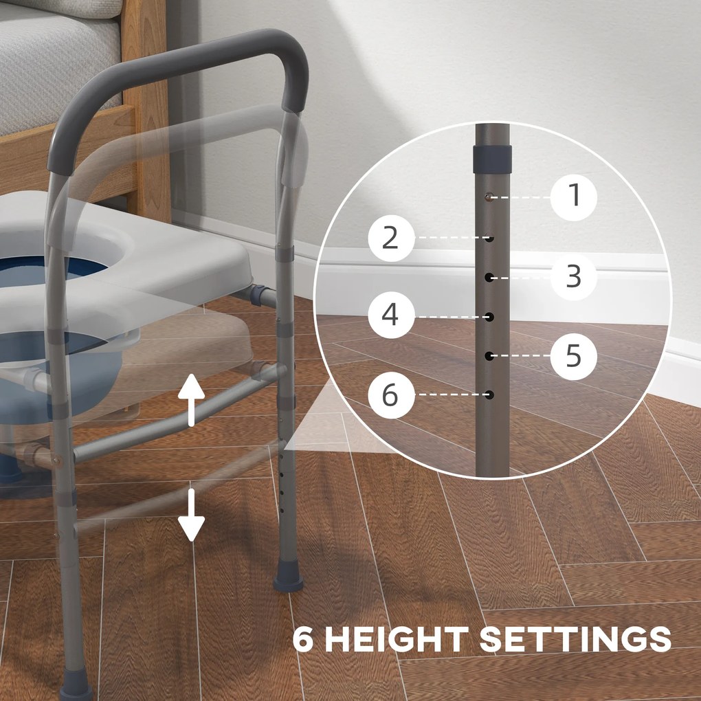 HOMCOM Scaun cu Vas de Toaletă pentru Vârstnici, Scaun de Toaletă Multifuncțional 4-În-1 cu Înălțime Reglabilă, 64x53x70-82 cm, Gri | Aosom Romania