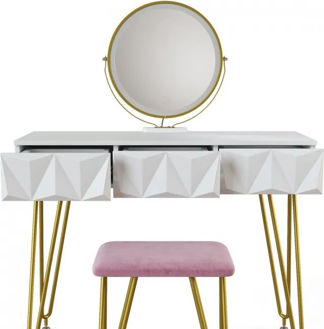 Masuta machiaj cu Oglinda LED si 3 Sertare pentru Cosmetice, Set Masa toaleta 100 cm, Alb, masuta cosmetica, vanity - SEA366