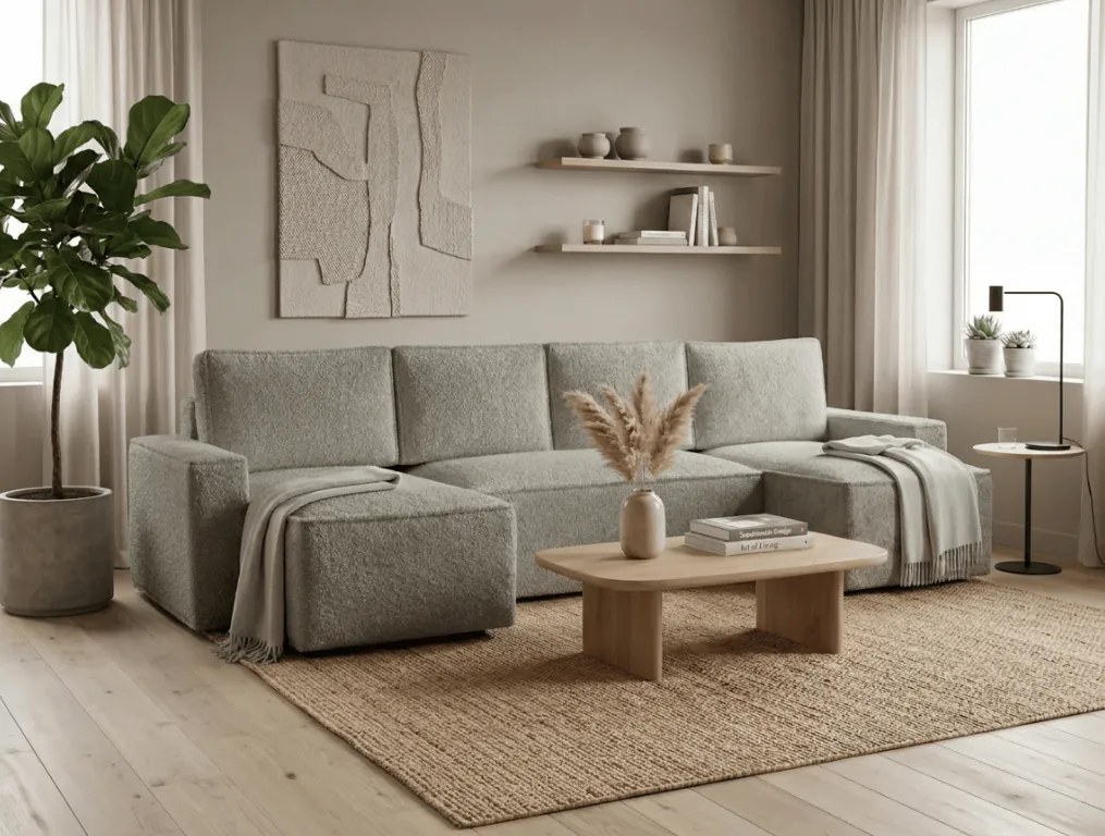 Canapea extensibila in forma de U SMART BOUCLE, gri-bej, 303x143 cm