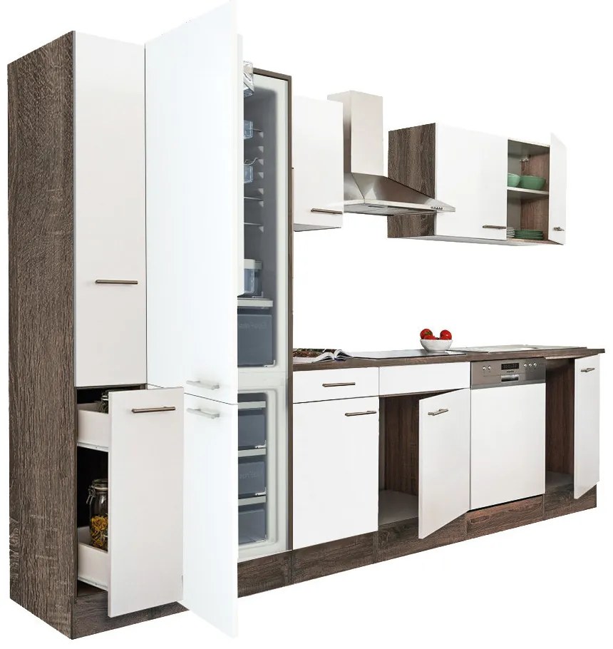 Mobilă de bucătărie Yorki 310, corp din stejar Yorki, față alb satinat, frigider cu congelator în partea de jos