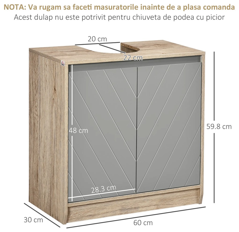 HOMCOM Masca Chiuvetă Baie Rafturi Reglabile Două Uși Bază Înălțată MDF 60x30x60cm Gri | Aosom Romania