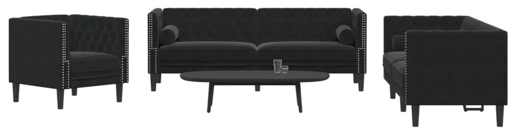 3209286 vidaXL Set canapele Chesterfield cu perne rulou 3 piese negru catifea