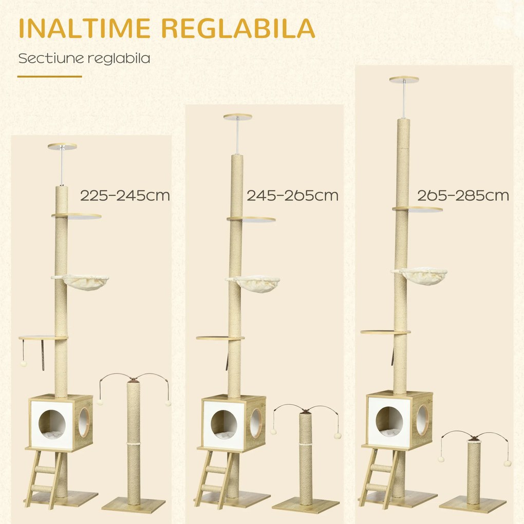 PawHut Ansamblu pentru Pisici Reglabil din PAL cu Stâlp de Zgâriat, Spațiu de Joacă și Odihnă, 40x40x225-285 cm, Bej | Aosom Romania