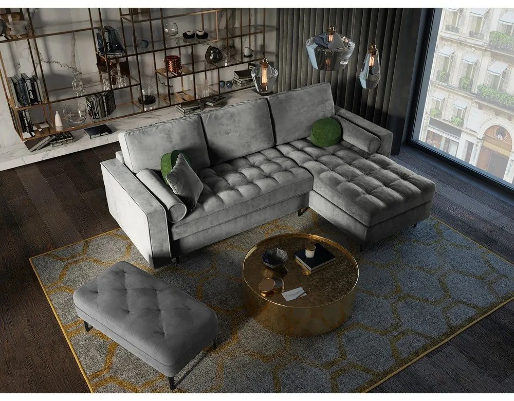 Colțar extensibil din catifea cu șezlong dreapta Milo Casa Santo, gri deschis