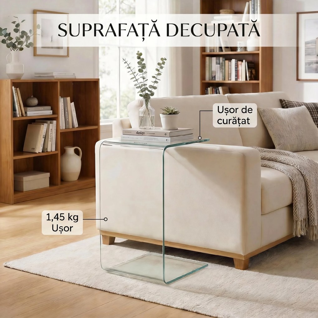 HOMCOM Măsuță din Sticlă Temperată Modernă pentru Living cu Design Monobloc, 80 x 45 x 35 cm, Transparent | Aosom Romania