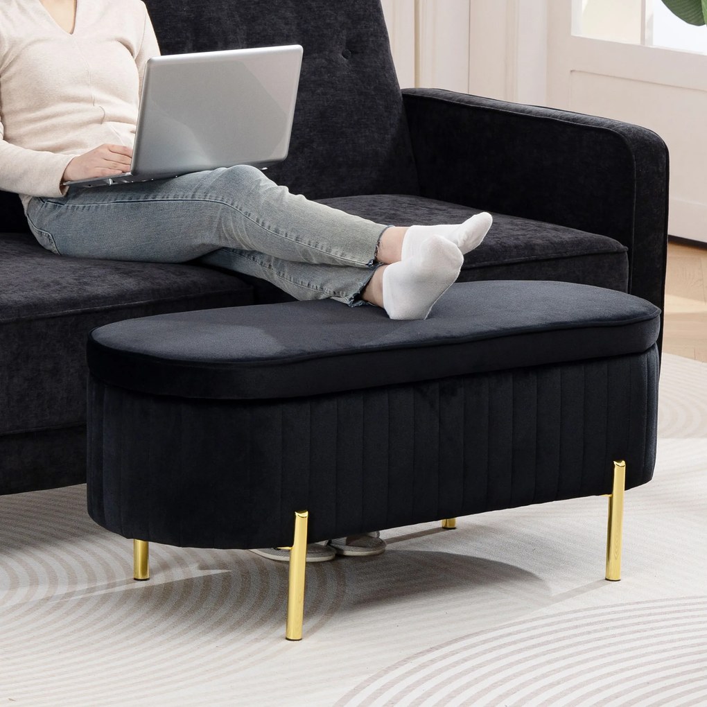 HOMCOM Bancă de Depozitare Ovală 72L cu Capac Rabatabil, din Catifea și Lemn, 108 x 44 x 43,5 cm, Negru | Aosom Romania