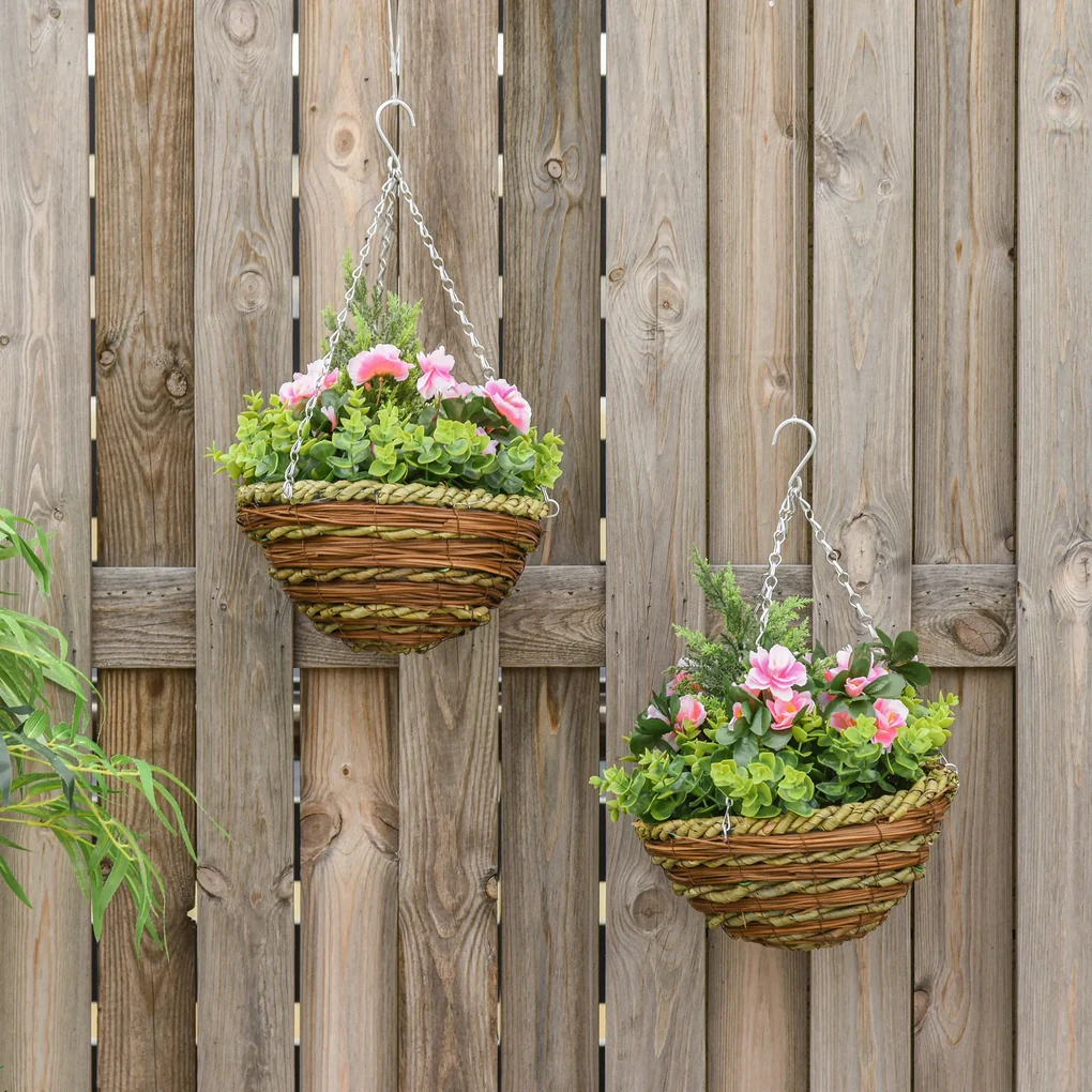 Outsunny Set 2 Ghivece de Agățat cu Plante Artificiale Lisianthus, Suport din Răchită și Bază de Ciment, Ф25x34cm | Aosom Romania