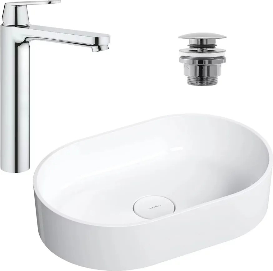 Pachet lavoar pe blat Omnires Ovo M+ alb 55 cm, baterie lavoar Grohe Eurosmart Cosmopolitan XL crom si ventil lavoar Click-Clack crom