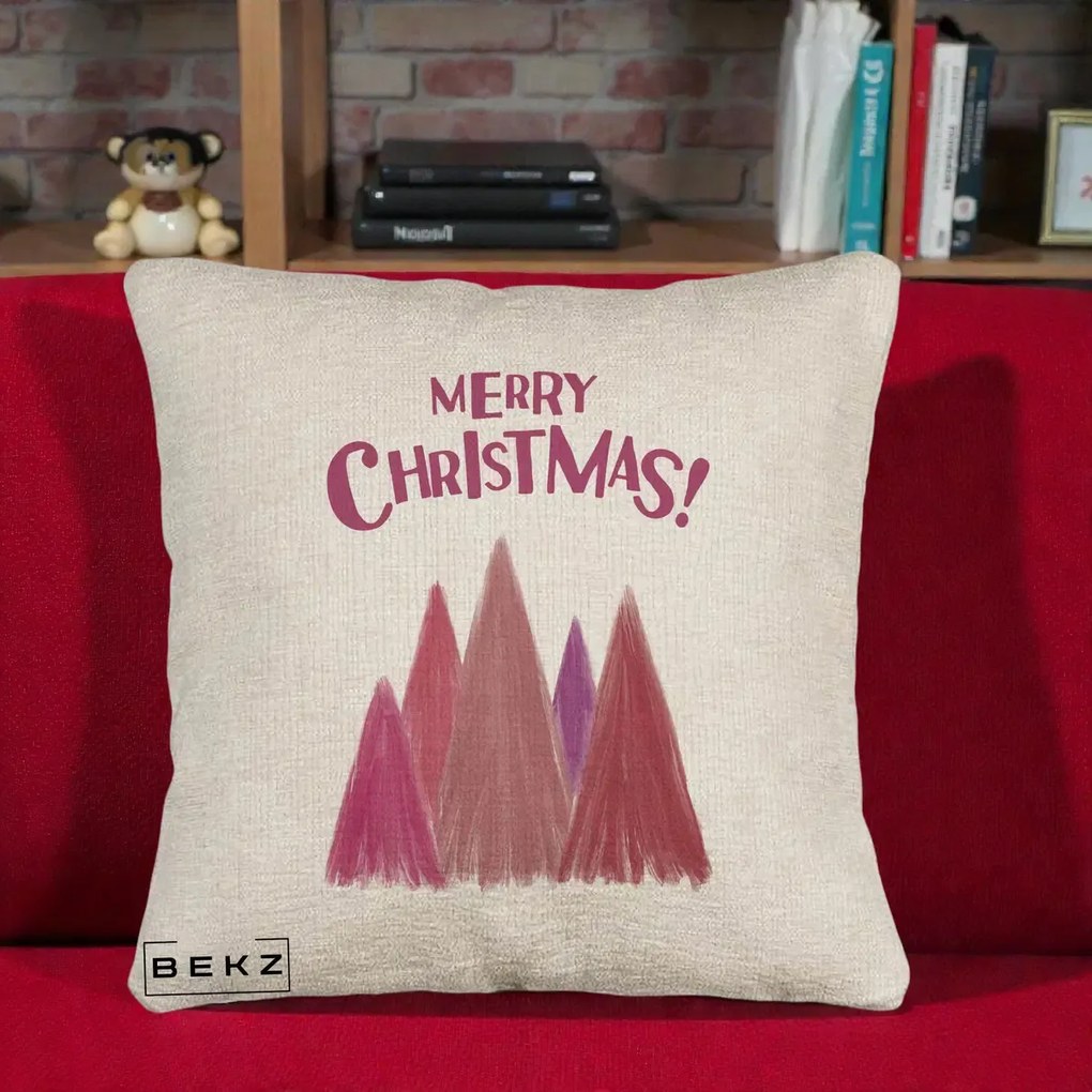 Perna Decorativa Merry Christmas Brazi Roz, 40x40 cm, Bej Canapea, Husa Detasabila, Perna Inclusa, BEKZ®