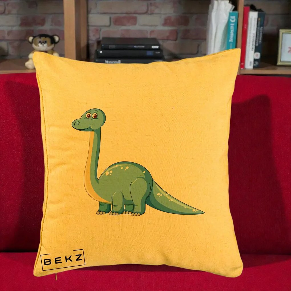 Perna Personalizata Brontosaur Albastru, 40x40 cm, Galben, Husa Detasabila, Perna Inclusa, BEKZ®
