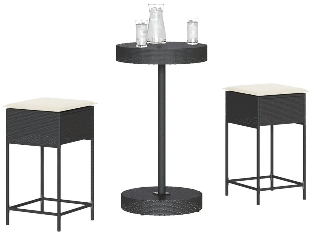 vidaXL Set mobilier bar de grădină cu perne, 3 piese, negru, poliratan