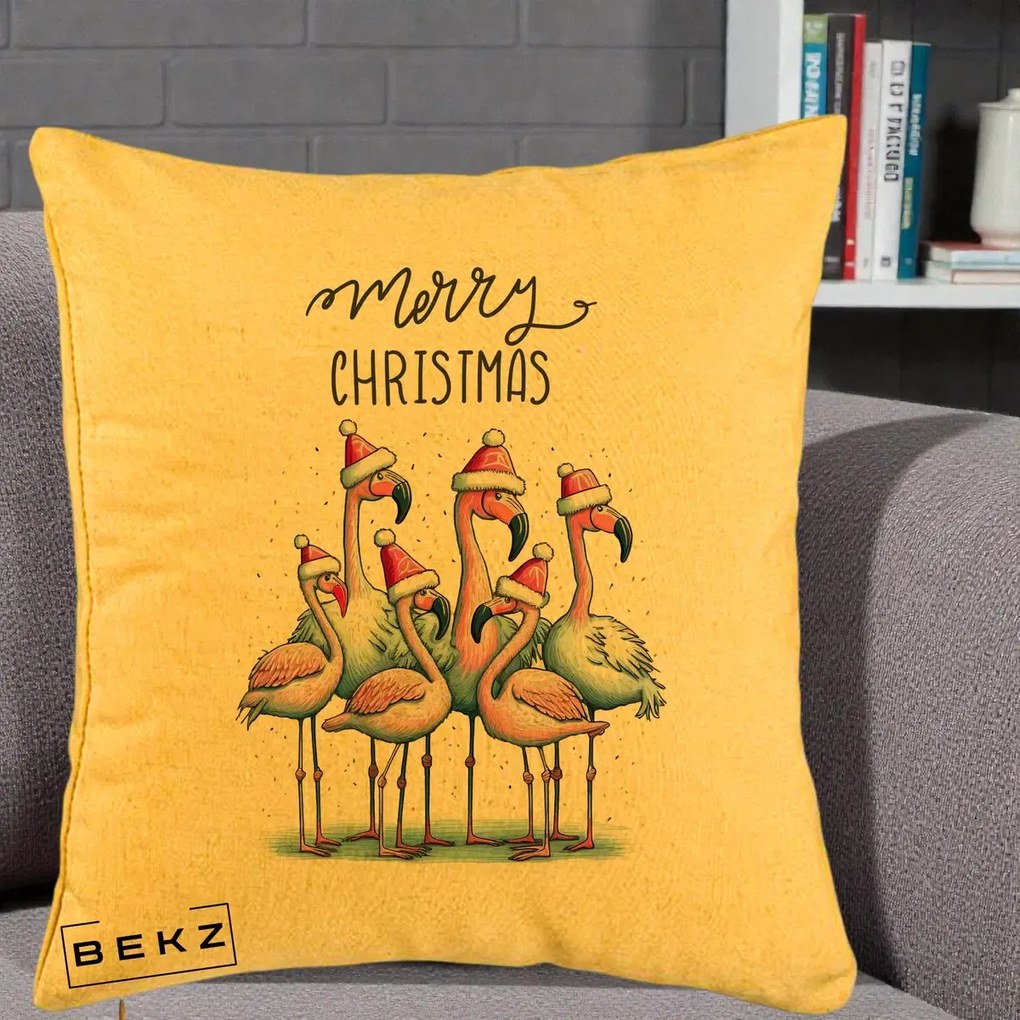 Perna Decorativa Flamingo Merry Christmas, 40x40 cm, Galben, Husa Detasabila, Perna Inclusa, BEKZ®