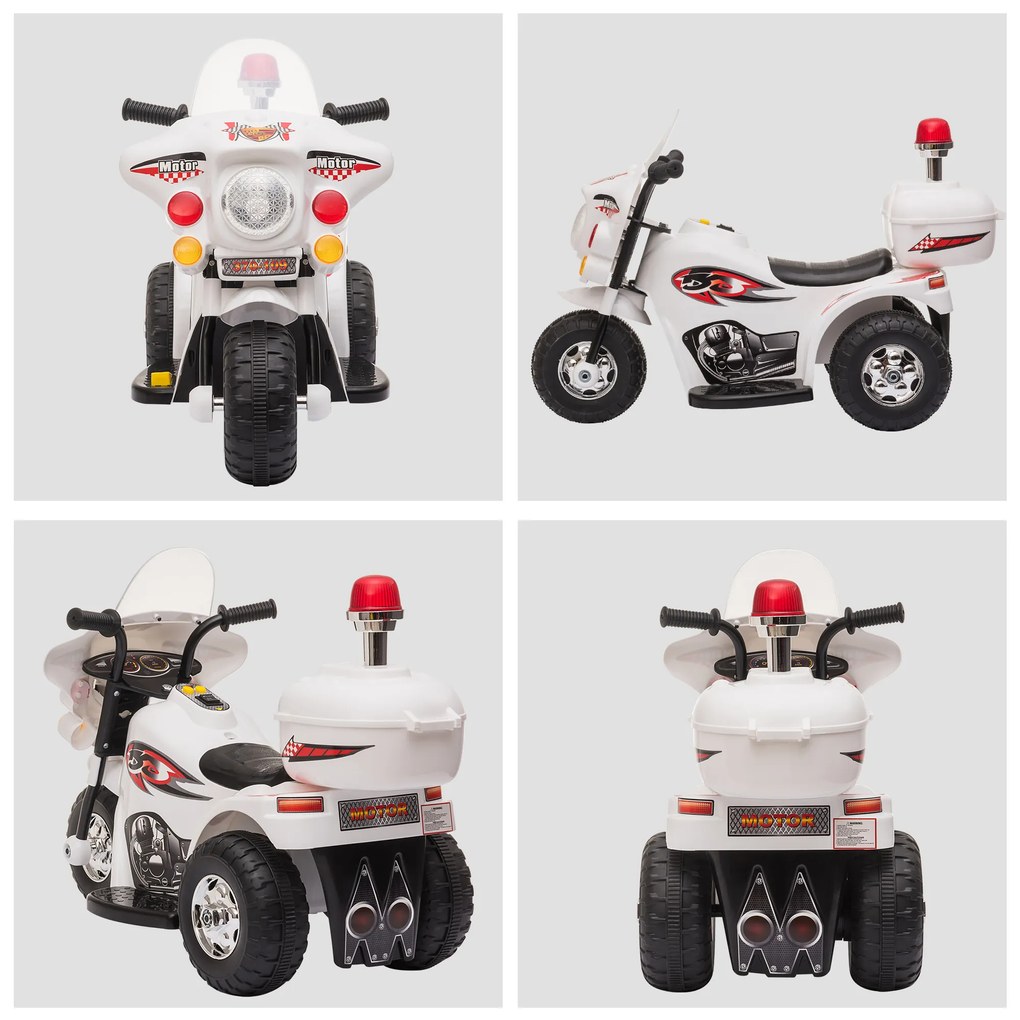 Motocicleta Electrica pentru copii HOMCOM 18-36 luni, baterie de 6V, PP Otel, Alba | AOSOM RO