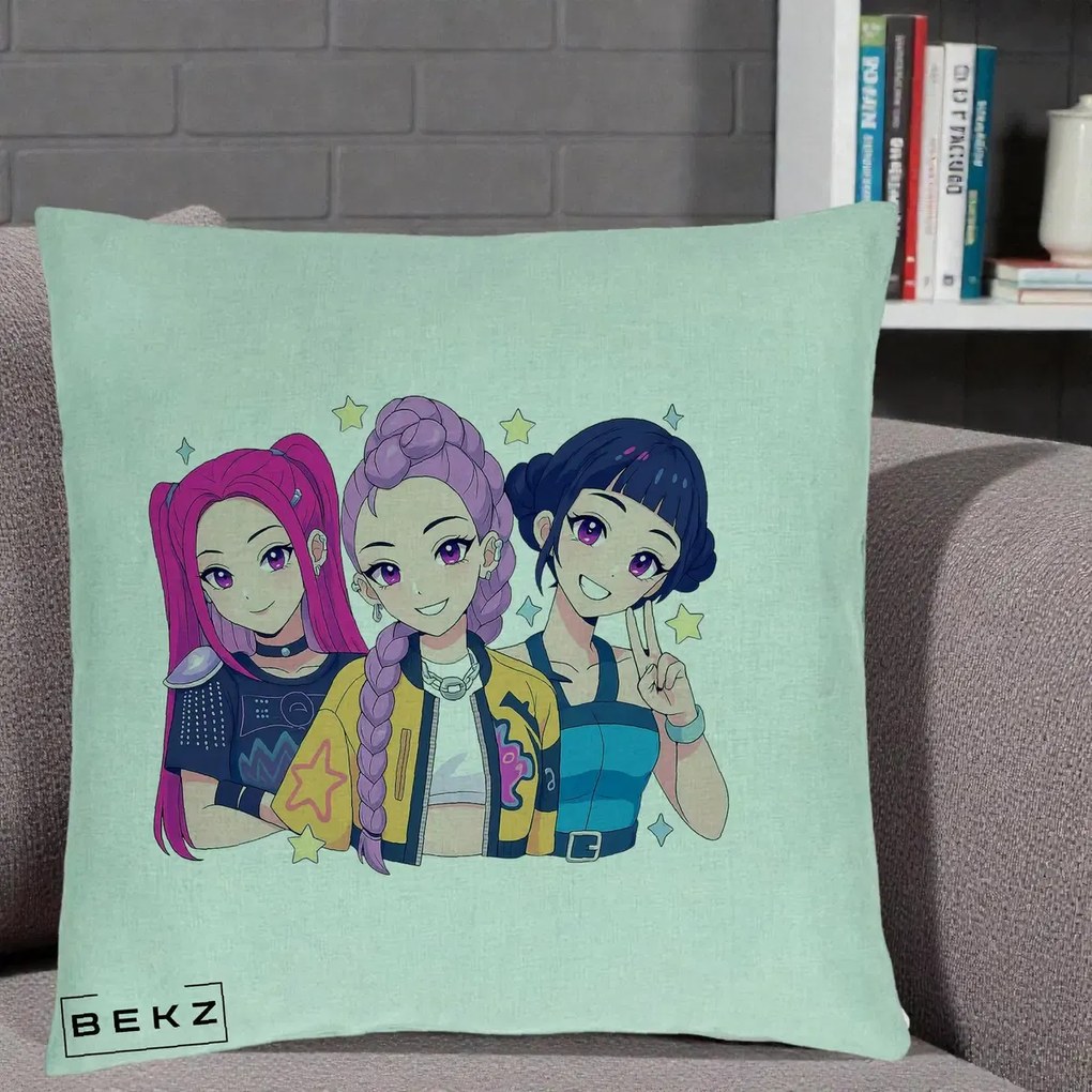 Perna Personalizata K-pop HUNTRX Trio Anime Stele, 40x40 cm, Verde Menta, Husa Detasabila, Perna Inclusa, BEKZ®