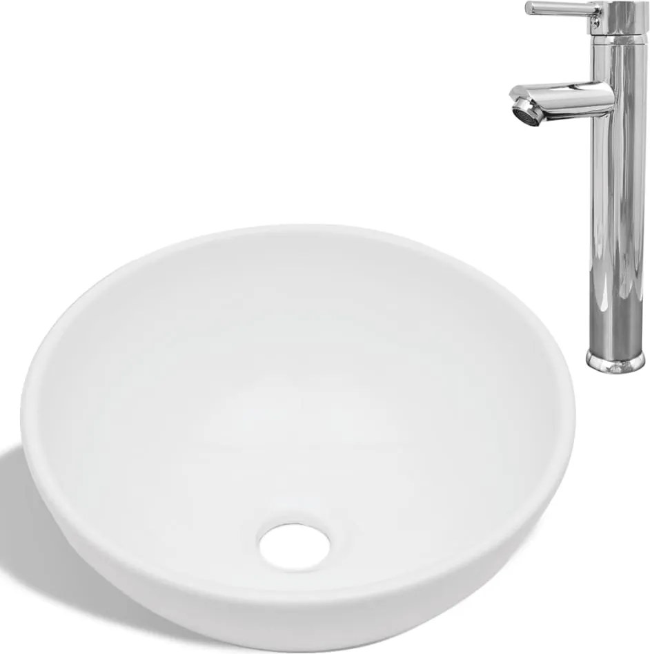 vidaXL Chiuvetă de baie cu robinet mixer, ceramică, rotund, alb