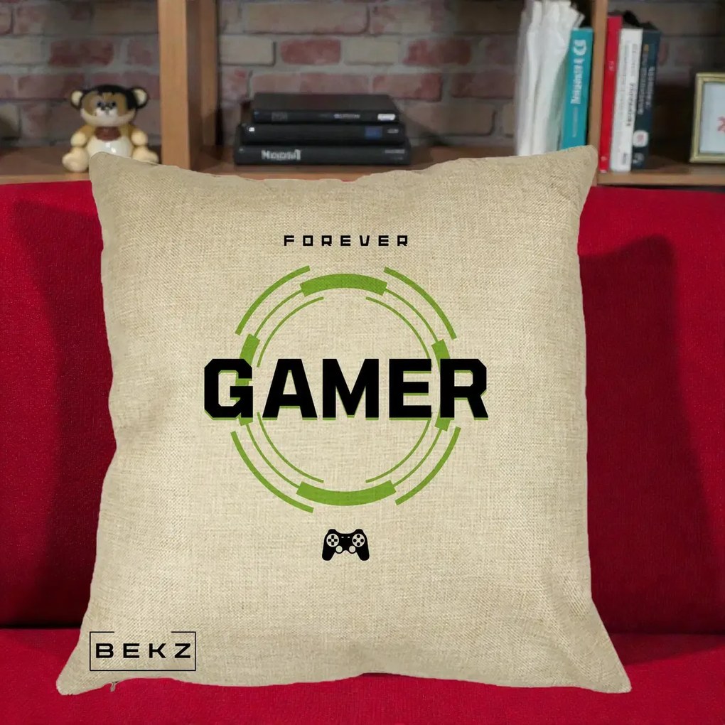 Perna Personalizata Forever Gamer, 40x40 cm, Crem, Husa Detasabila, Perna Inclusa, BEKZ®