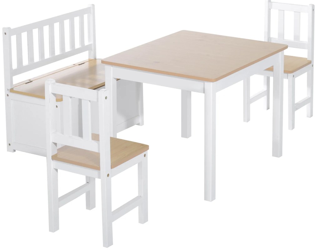 Homcom Set 4 Pezzi Tavolino con Sedie e Panca Portaoggetti per Bambini in Legno