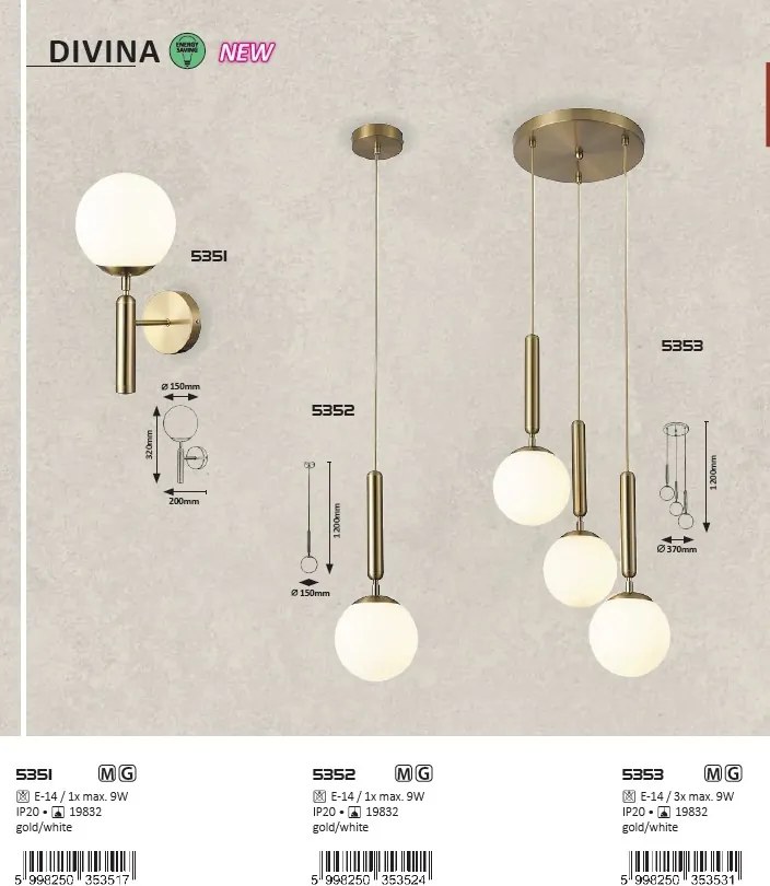Lustra moderna aurie cu 3 pendule din sticla alba Divina 5353 RX