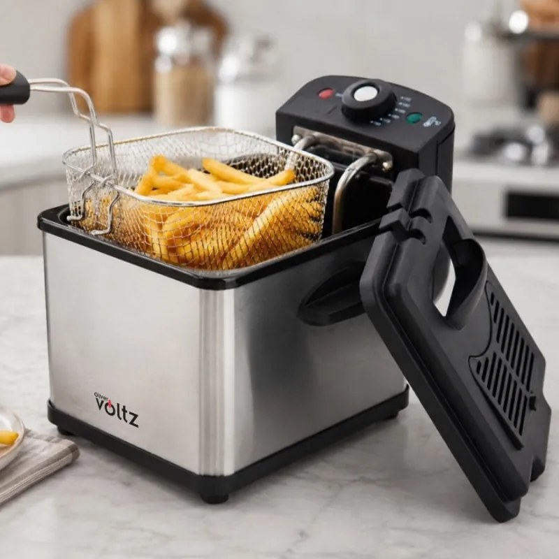 Mini-friteuză Oliver Voltz OV51980CG, 1000 W, 1,2 l, 0-190 °C, oțel inoxidabil, indicatoare luminoase, inox/negru