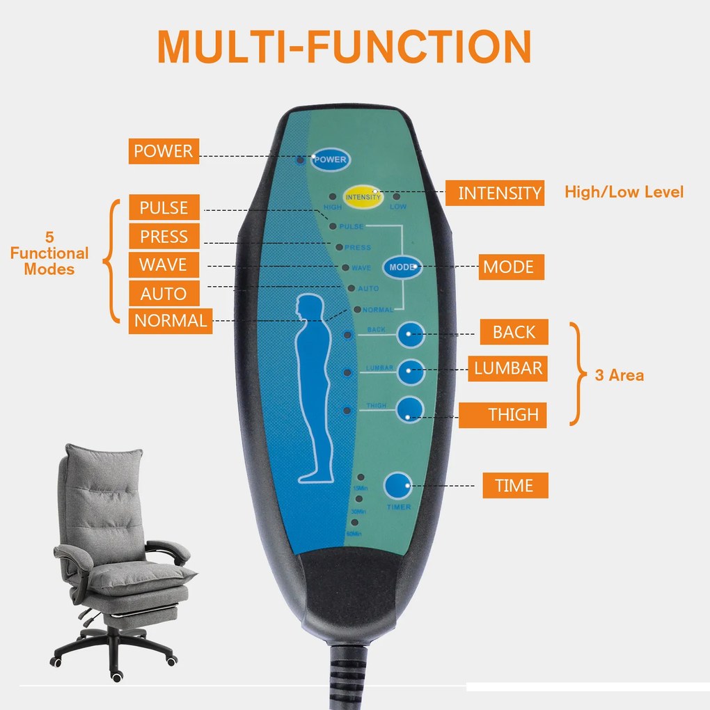 Scaun de birou ergonomic Vinsetto cu inclinare si masaj in 6 Puncte, inaltime reglabila, 70x62x120-130 cm, Gri | Aosom Romania