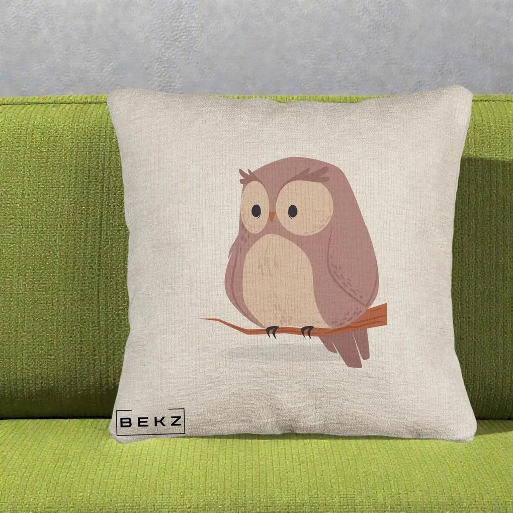 Perna Decorativa Bufnita Kawaii pe Creanga, 40x40 cm, Bej Canapea, Husa Detasabila, Perna Inclusa, BEKZ®