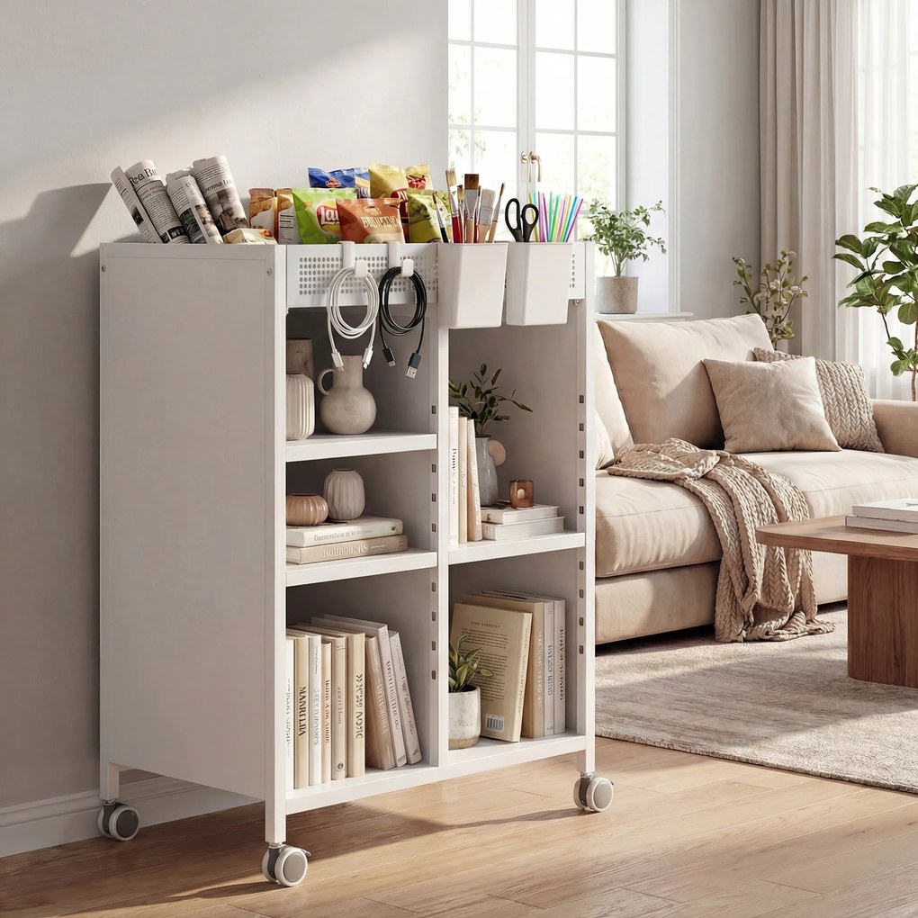 HOMCOM Raft pe roți, 4 niveluri, polițe reglabile &amp; coșuri suspendabile pentru birou de acasă și living, Alb | Aosom Romania