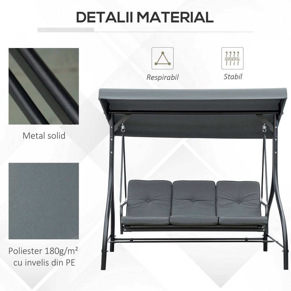 Outsunny Balansoar de Gradina 3 Locuri Convertibil in Pat cu Copertina Reglabila, Balansoar de Terasa din Metal si Tesut, Gri Inchis | Aosom Romania