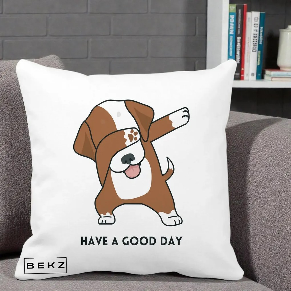 Perna Decorativa Caine Dab Have A Good Day, 40x40 cm, Alba Mata, Husa Detasabila, Perna Inclusa, BEKZ®