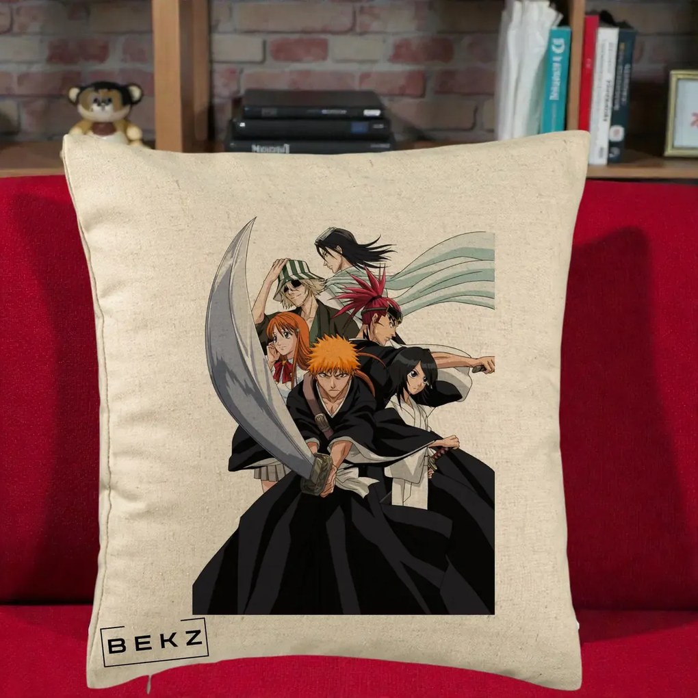 Perna Personalizata Bleach Grup Complet Ichigo si Prietenii, 40x40 cm, Bej, Husa Detasabila, Perna Inclusa, BEKZ®